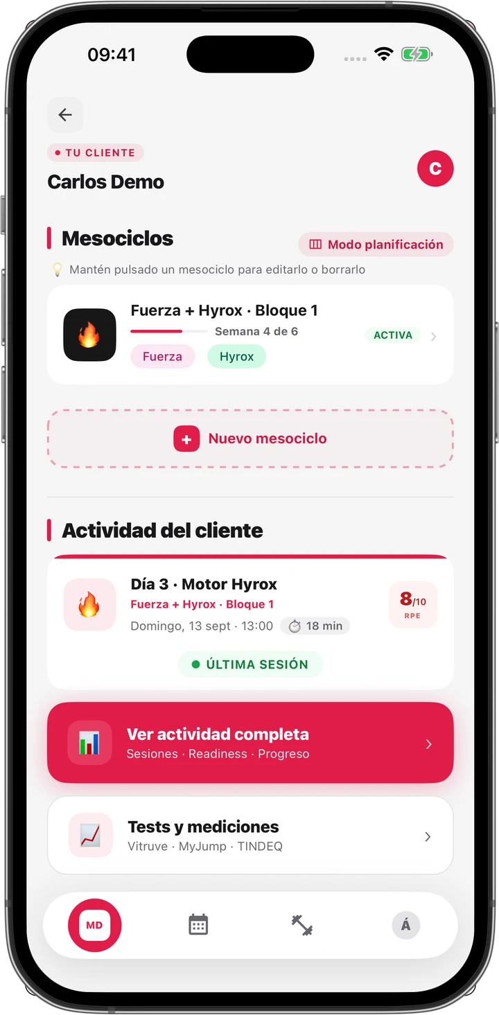 Ficha de un atleta en MyTrainIt: sus mesociclos, su última sesión con el RPE y los accesos a la actividad completa y a los tests y mediciones.