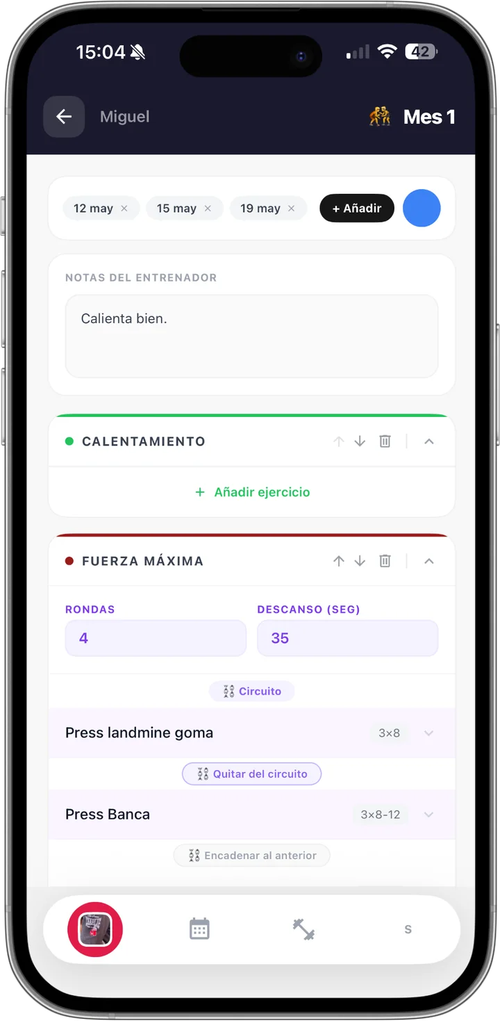 Editor de sesión en MyTrainIt: bloques, circuitos y descanso entre series