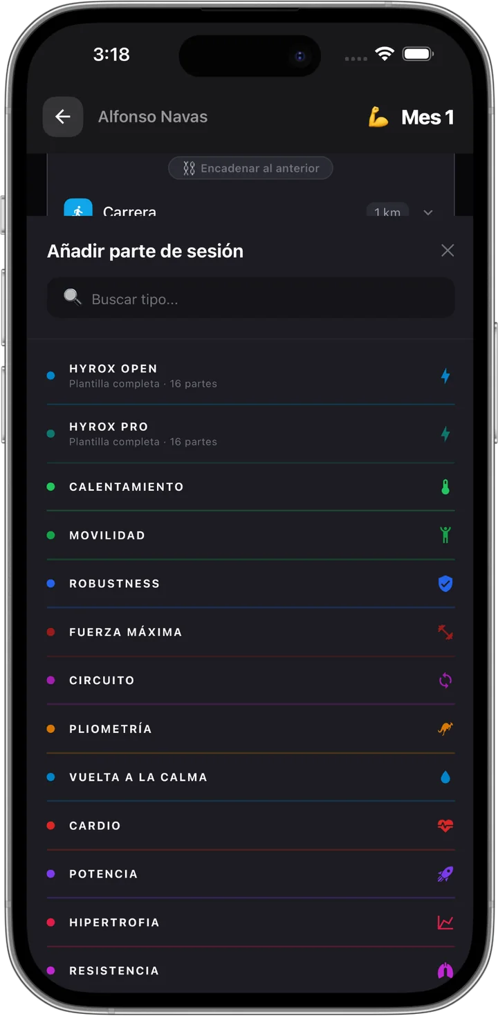 Plantillas de Hyrox en MyTrainIt: Hyrox Open y Hyrox Pro, de dieciséis partes cada una, listas para añadir a la sesión.